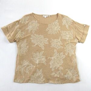 Chicos Beige / Tan Linen Leaf Print Relaxed Fit Short Sleeve Shirt Womens Size 0